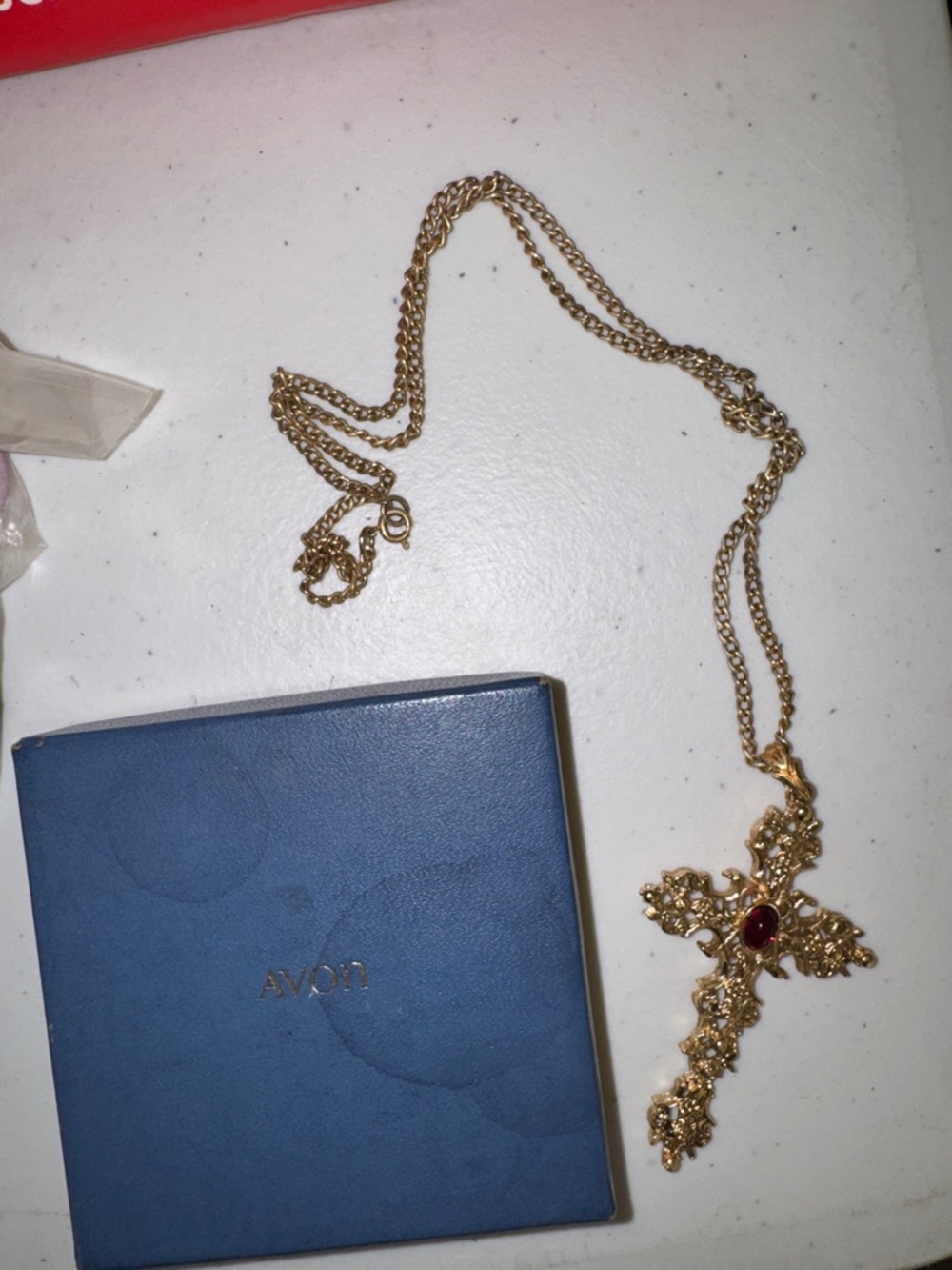 Vintage 1970s Avon Floral Cross Necklace, Red Glass Cabochon